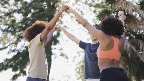 Carefree-multiethnic-friends-raising-arms-up-in-park