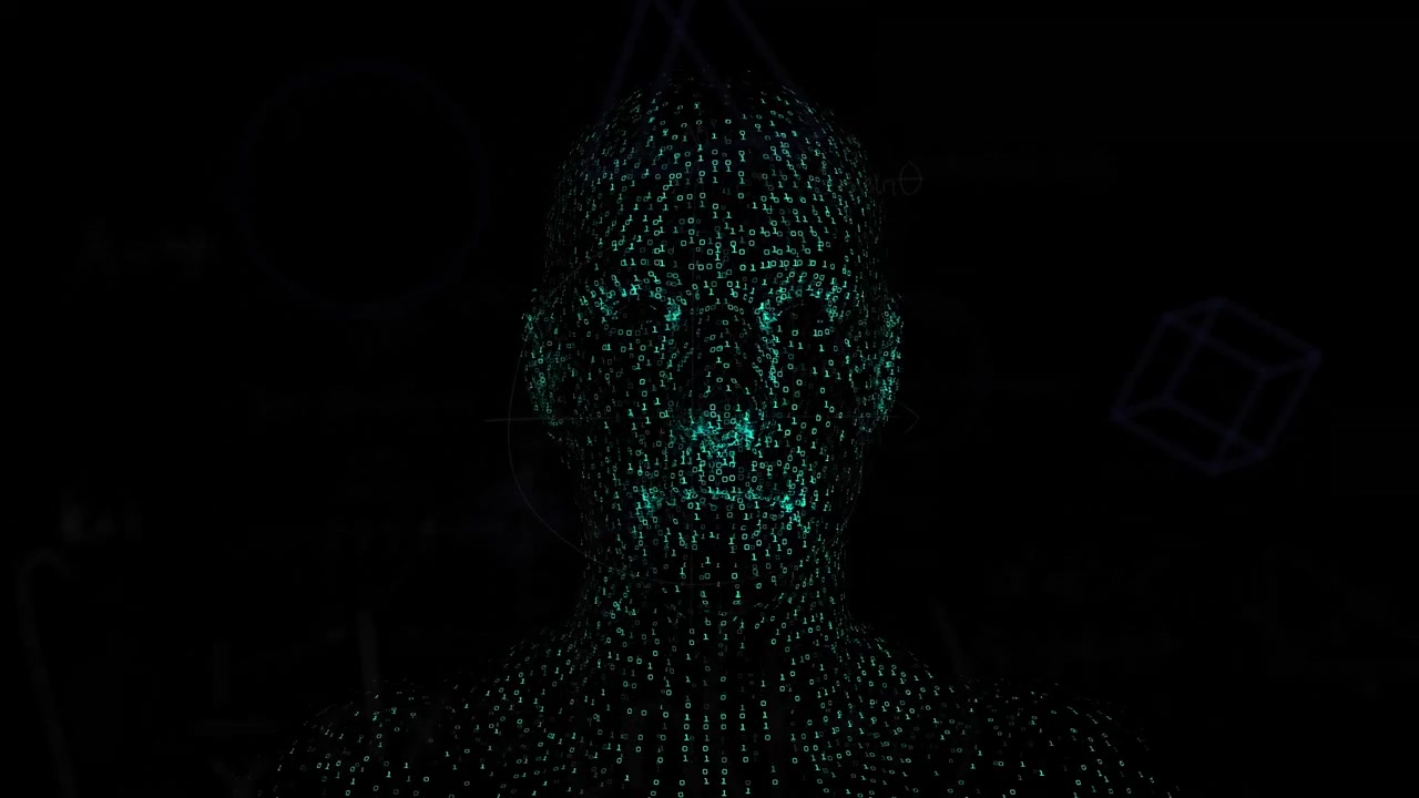 Animation of human head and confetti over black background
