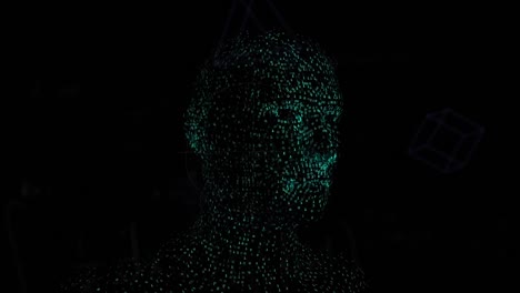 Animation-of-human-head-and-confetti-over-black-background