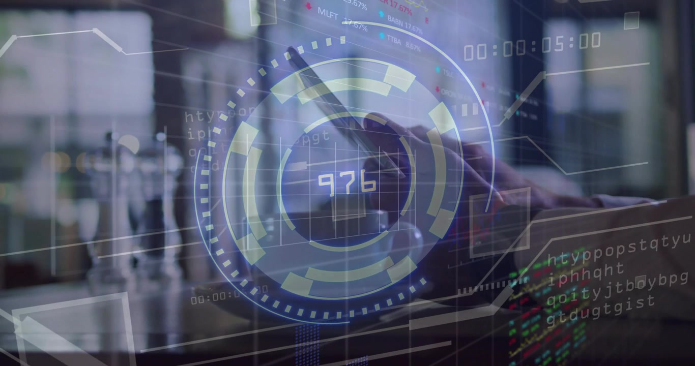 Right hand tapping phone, updating circular HUD and rotating numeric micro-panels for analytics