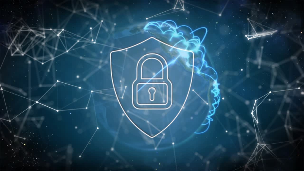 Floating Earth initiating left nodes appearing, blue ribbons coiling shield padlock securing globe