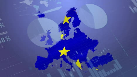 animation of financial data processing and flag of european union