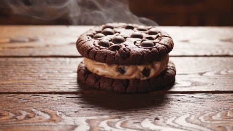 steaming chocolate chip cookie ice cream sandwich