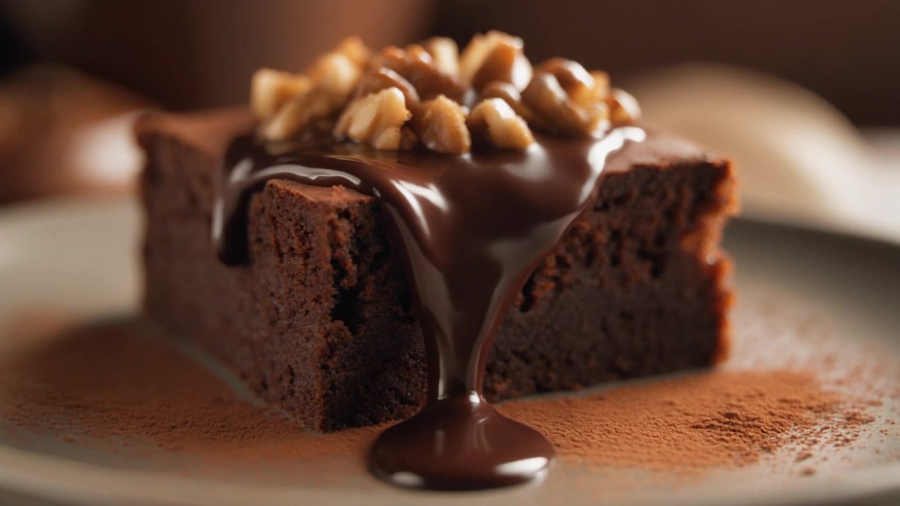 Salsa de chocolate chorreando sobre un brownie de nueces