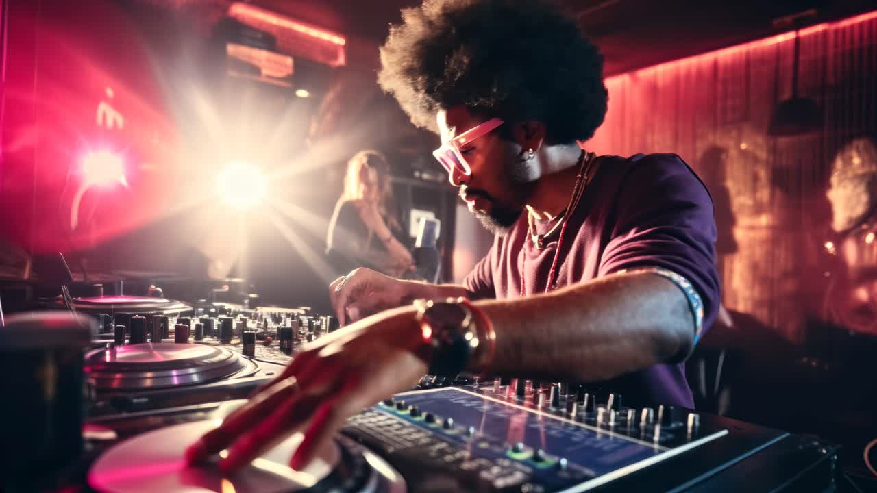Scène vidéo dynamique d’un DJ mixant des morceaux dans un club faiblement éclairé