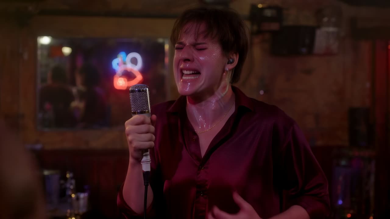 Gripping mic female singer in burgundy shirt belting for catharsis in small bar with neon mirror