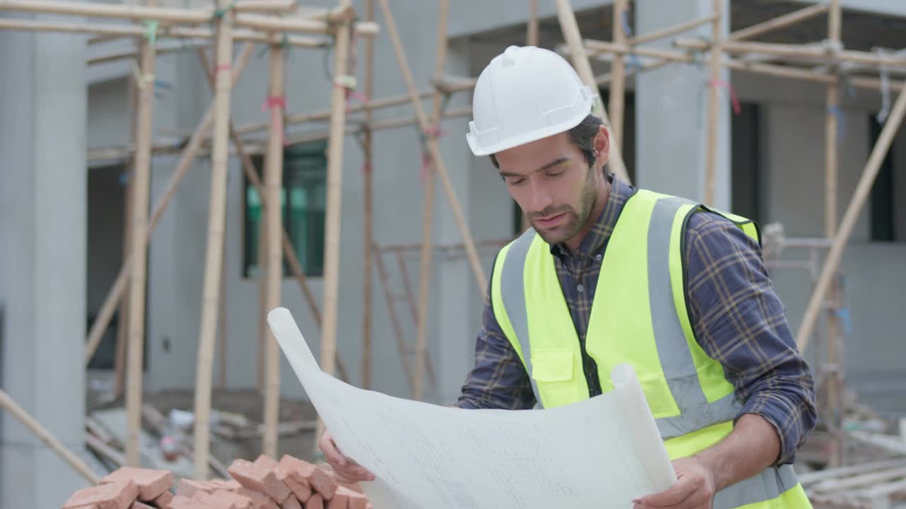 ingeniero civil profesional masculino o arquitecto usan casco de seguridad. mientras el ingeniero guapo trabaja, sosteniendo el plan de chequeo de planos mira alrededor del proyecto de construcción en el sitio de construcción. concepto de bienes raíces.