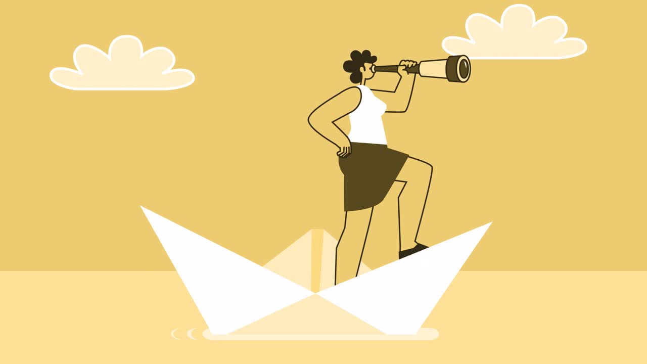mujer de estilo amarillo personaje plano mirando a través del telescopio y navegando en un barco de papel. animación de bucle aislado con canal alfa