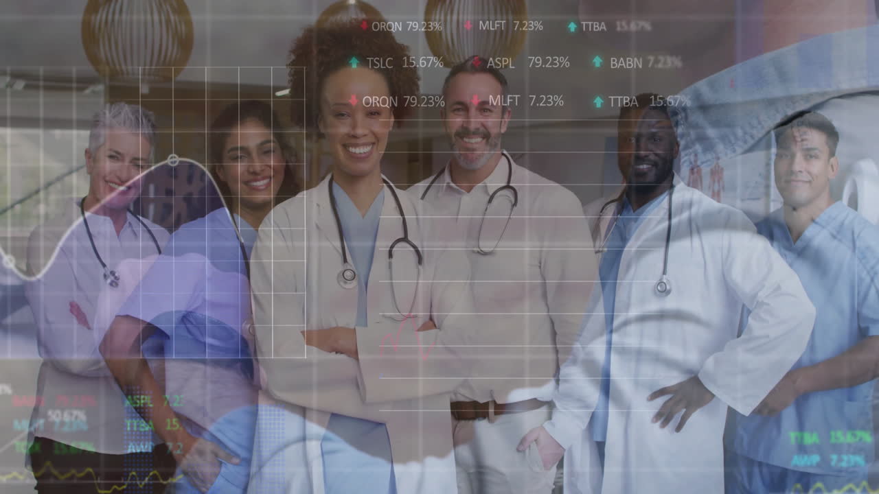 healthcare team standing in hospital lobby, showcasing overlaid financial charts and stock tickers