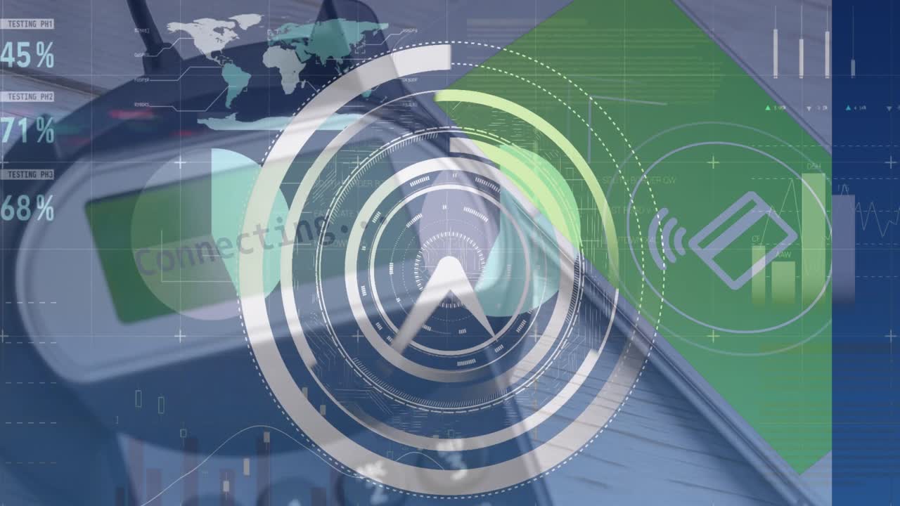 animación del procesamiento de datos a través de terminales de pago y teléfonos inteligentes