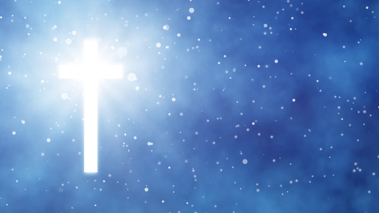 Glowing cross in blue sky, divine light, heavenly peace, spiritual awakening, sacred moment in faith
