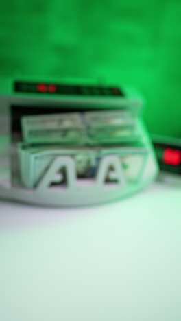 automatic cash counting machine with one hundred dollar bills. male hand extracts money and puts on the desk. blurred backdrop. vertical video.