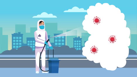trabajador de bioseguridad con limpiador de pulverización covid-19 desinfectado