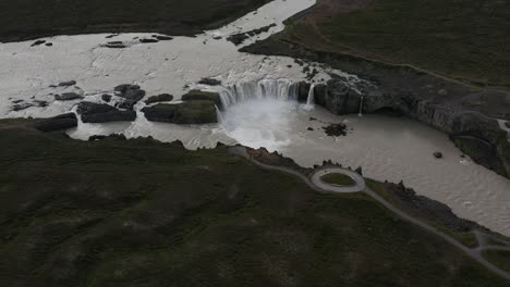 popular iceland waterfall goðafoss, waterfall of the gods, aerial
