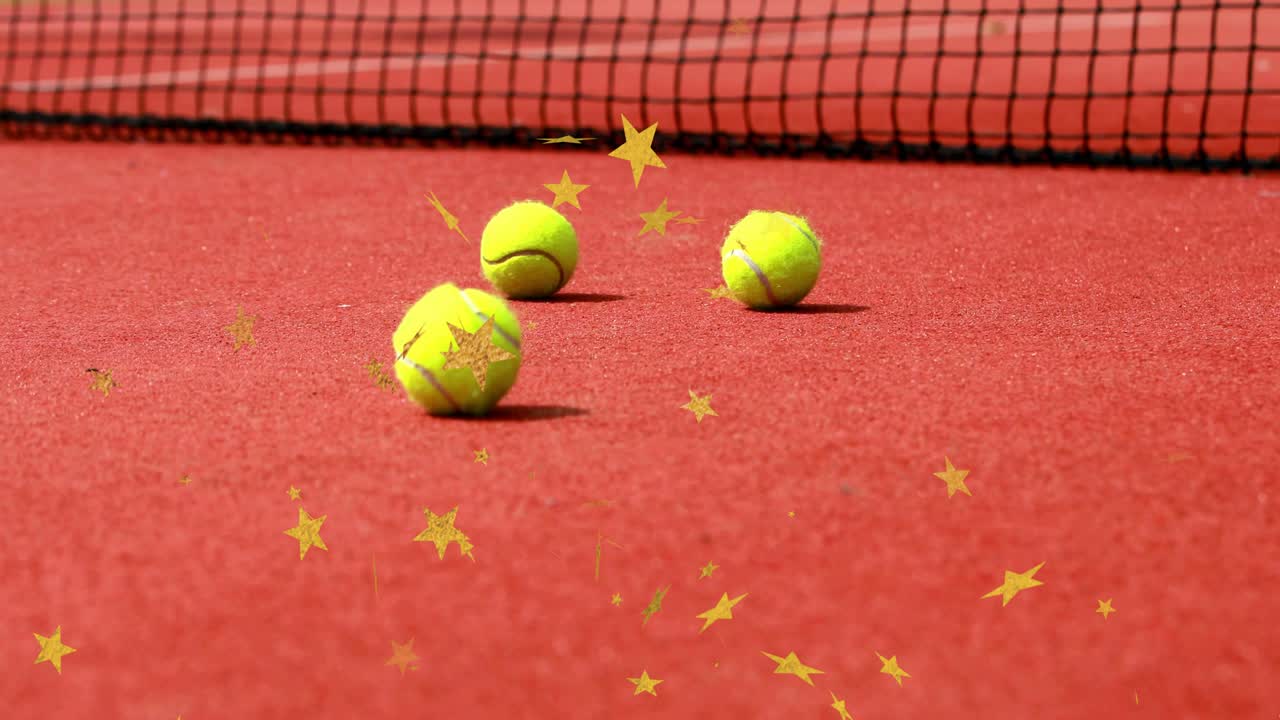 Tennis ball appearing and bouncing others entering forming group on court by net stars swirling