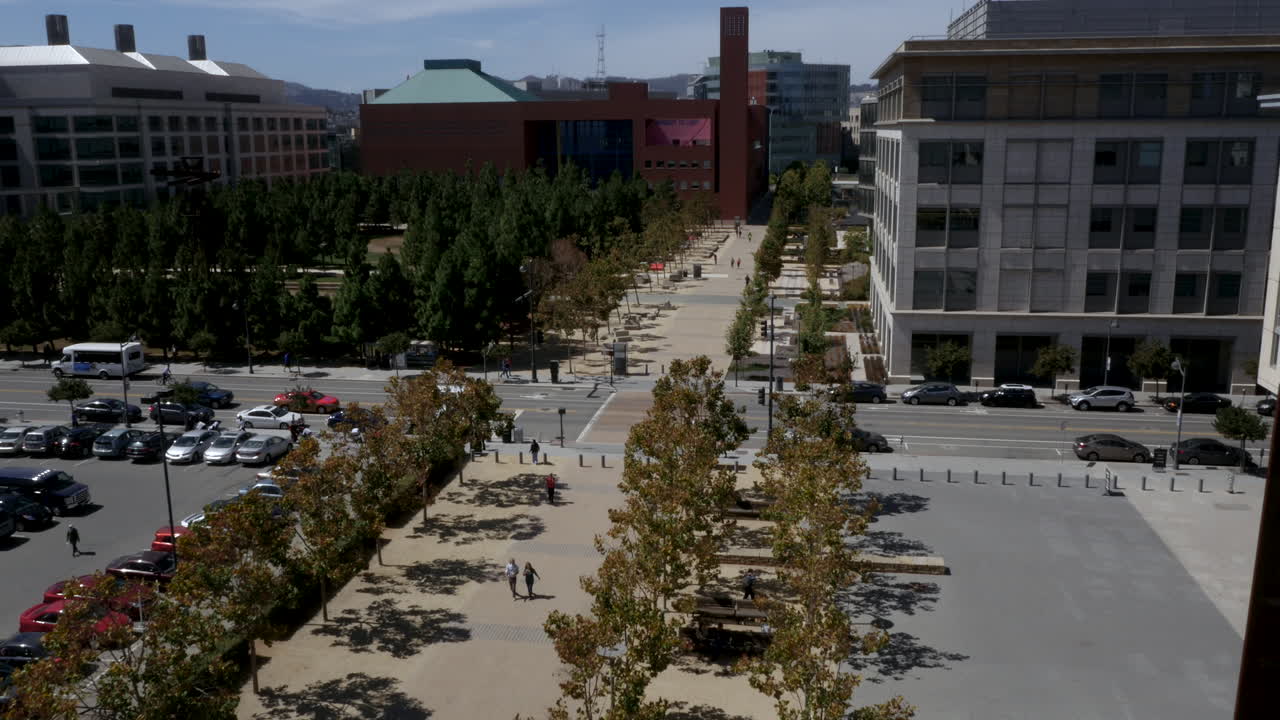 Urban Cityscape with Buildings, Trees, and Street Activity