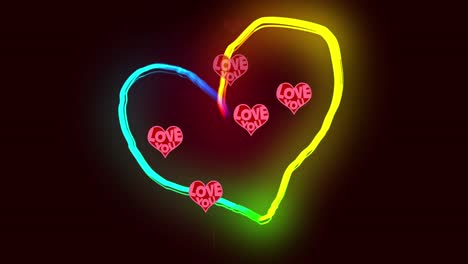 Animation-of-hearts-floating-over-black-background-with-neon-heart