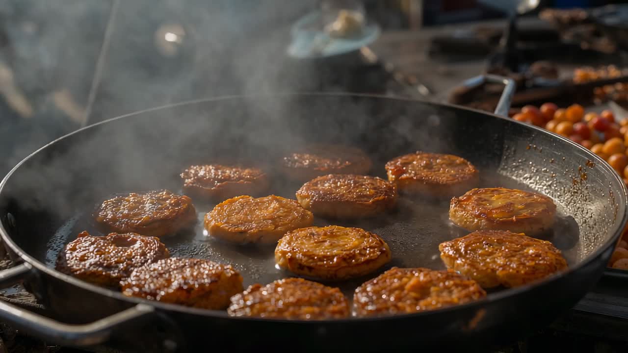 Heating stovetop flame at market, pan with two handles frying patties in oil to brown, tomatoes