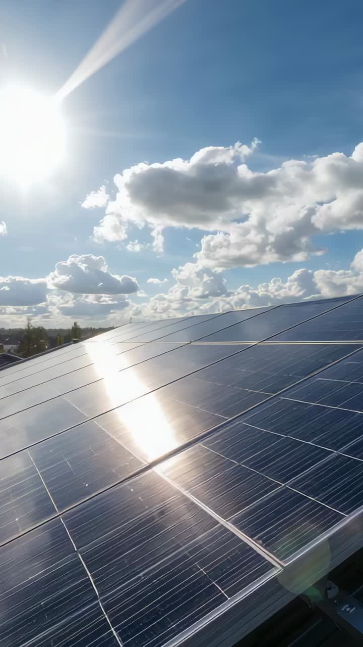 Video verticale: pannelli che riflettono il sole ripresi durante lo spostamento delle nuvole sul tetto, con effetto flare