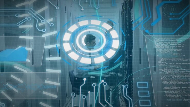 Animation of 5g text and data processing over server room and caucasian workers