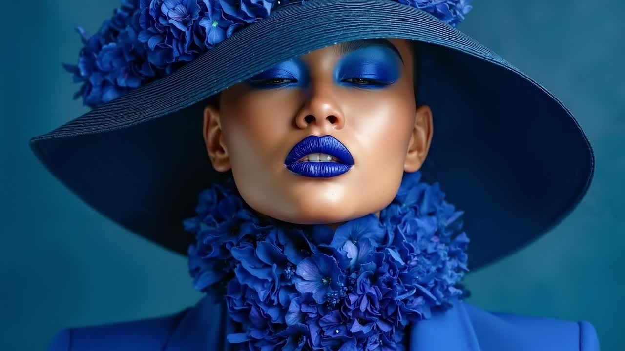 una mujer con un sombrero azul con flores en él