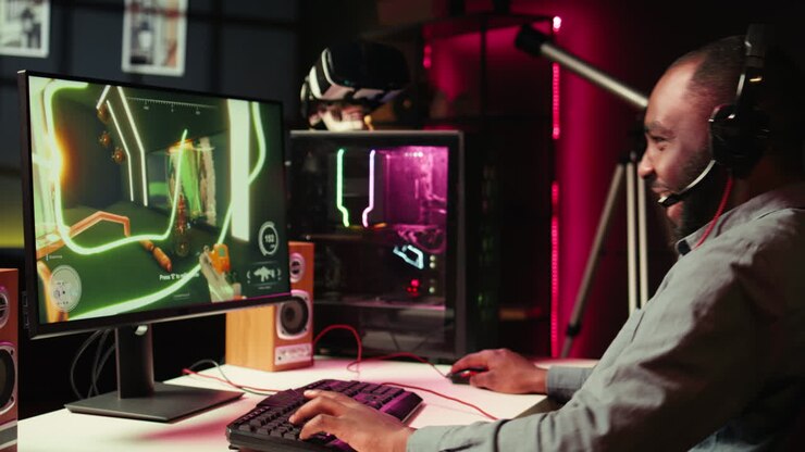 Giocatore che usa tastiera, mouse e cuffie per giocare a un videogioco sparatutto in prima persona.