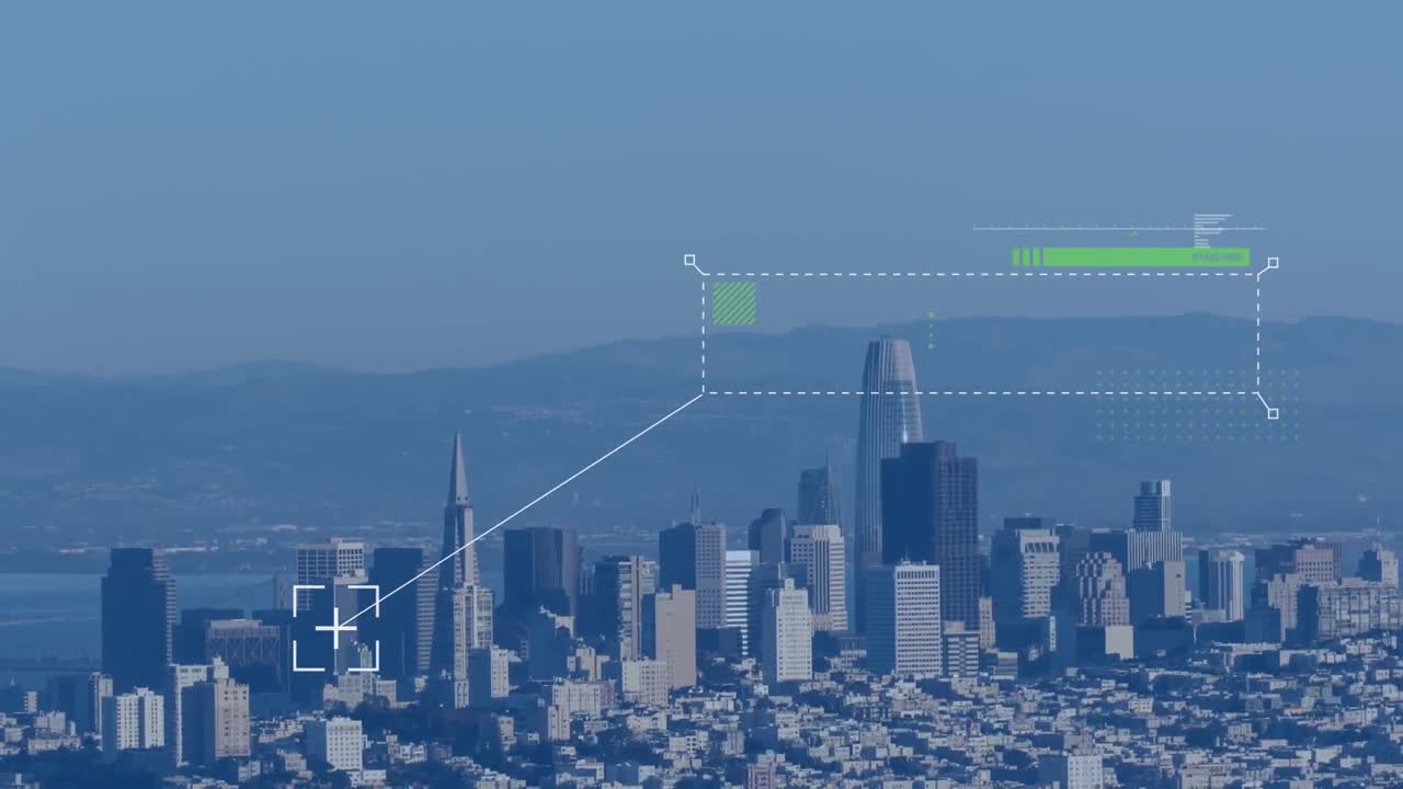 도시 풍경의 공중 뷰를 통해 데이터 처리의 애니메이션