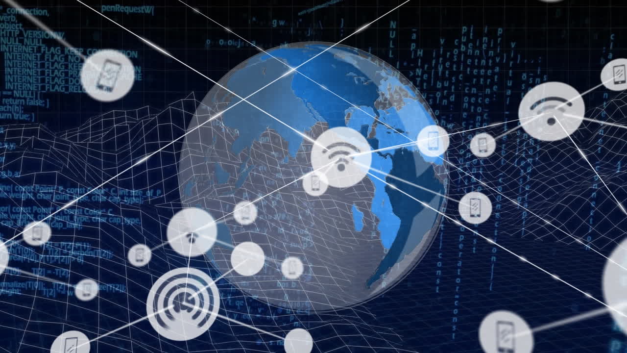 animación de la red de iconos digitales, globo giratorio, estructuras de metaverso y procesamiento de datos