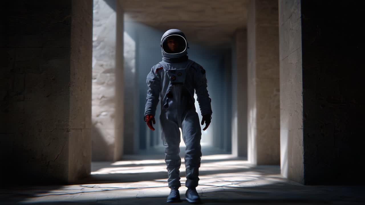 En astronaut färdas genom en mystisk, uråldrig korridor, upplyst av ljusstrålar, vilket förkroppsligar både utforskning och kärnan i mänsklig nyfikenhet i det vidsträckta universum.