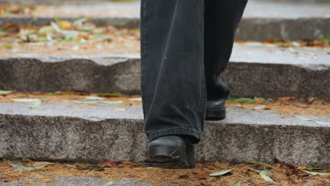 Person's legs walking down stone steps during light snowfall, wearing black jeans and black boots, with colorful autumn leaves scattered along the path, creating a seasonal vibe