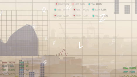 animation of financial data processing over cityscape