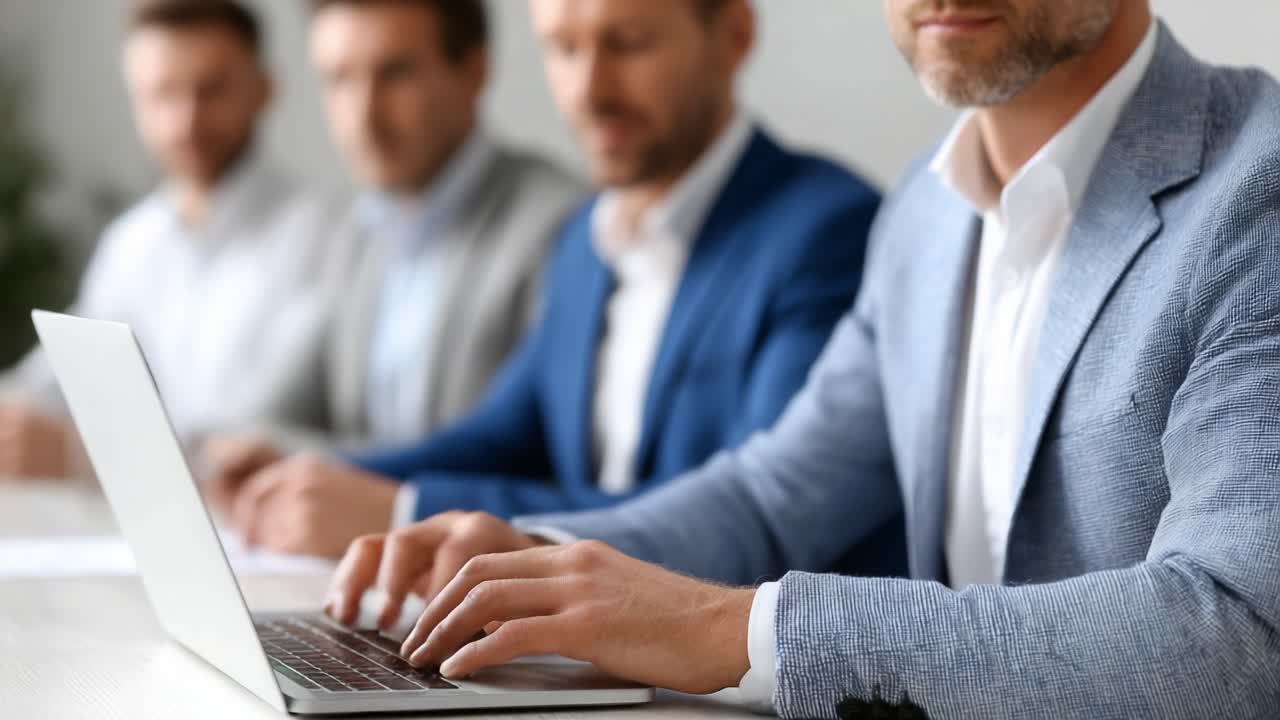 A Professional Meeting: Close-Up View of a Businessman Typing on a Laptop with Colleagues in the Background, Highlighting Collaboration and Digital Engagement