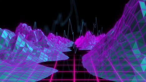 animation of vibrant pink and blue wireframe mountains with neon grid landscape