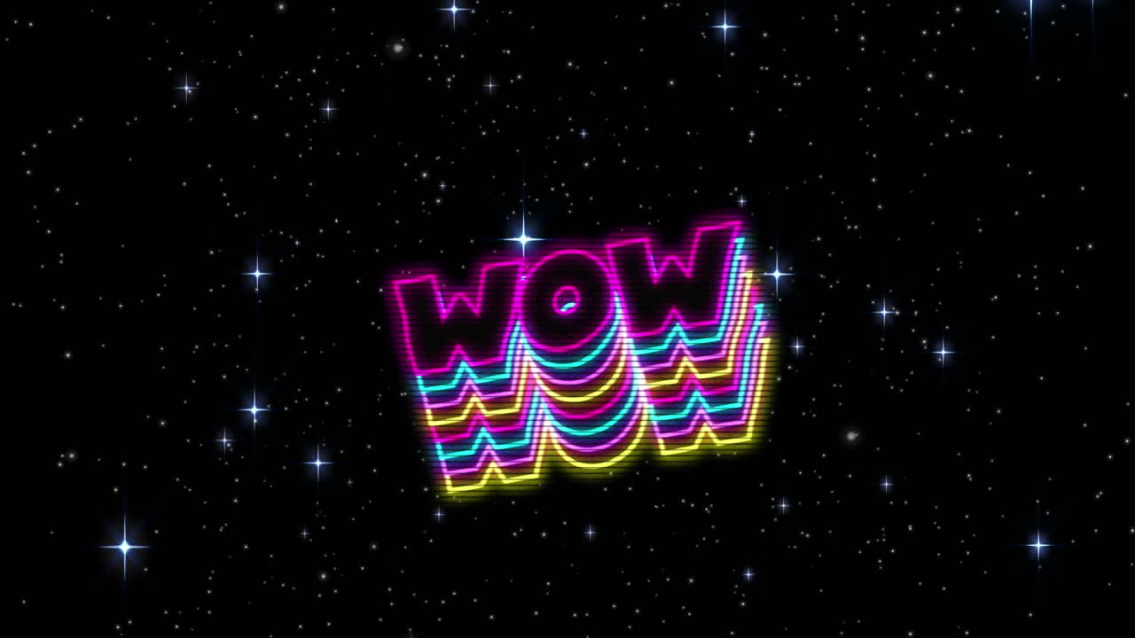 검은 바탕에 빛나는 별에 대한 그림자 효과와 함께 네온 와우 텍스트의 디지털 애니메이션