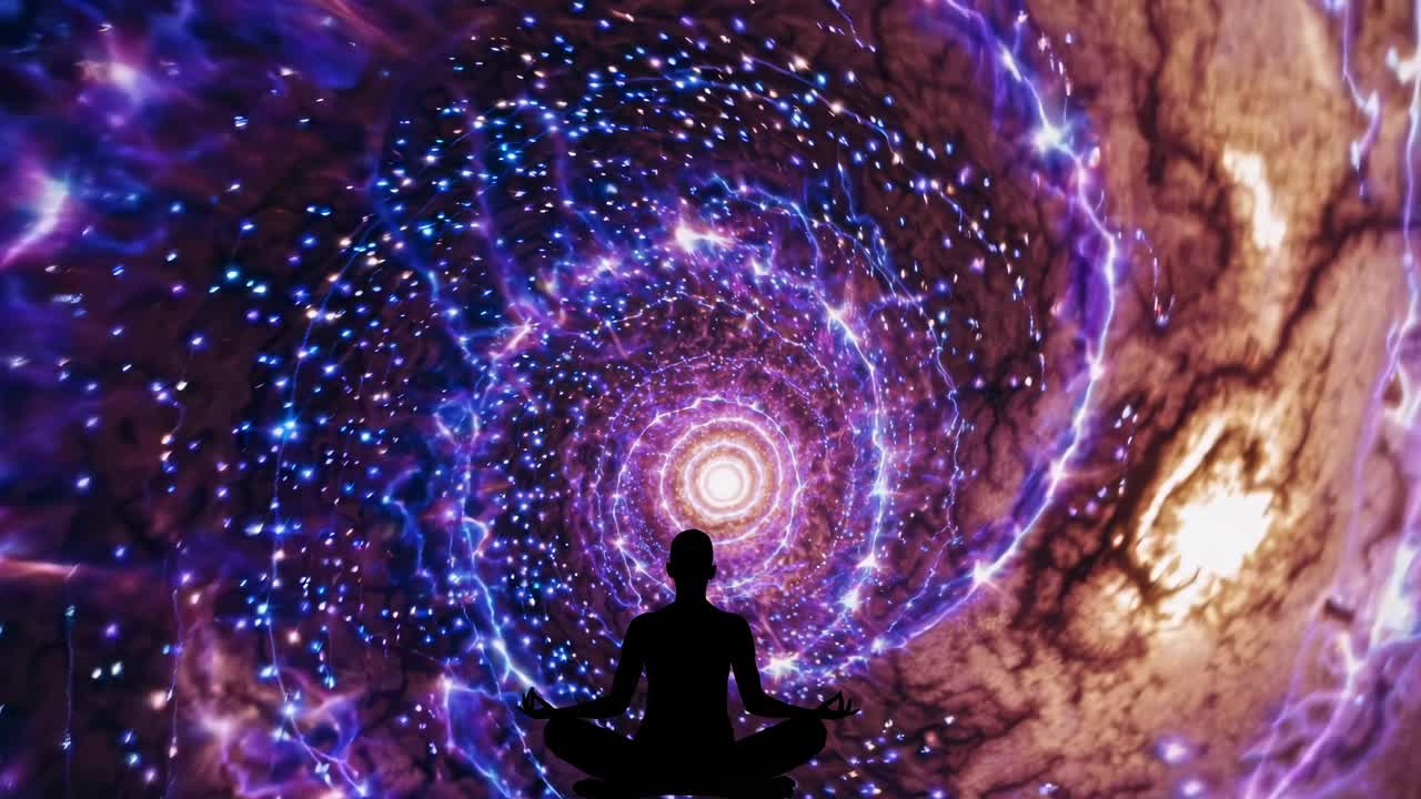 Silhouette di una persona che medita su un vortice cosmico e turbinante di luci viola e blu