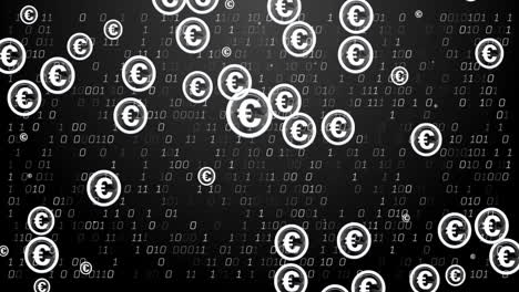 animation of euro dollar sign, binary coding and financial data processing