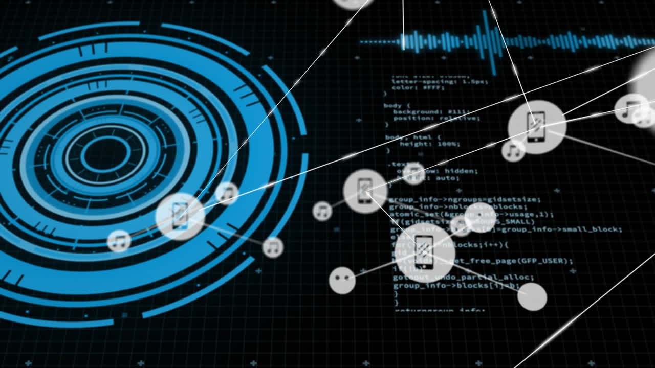 Animation of network of connections with icons over data processing