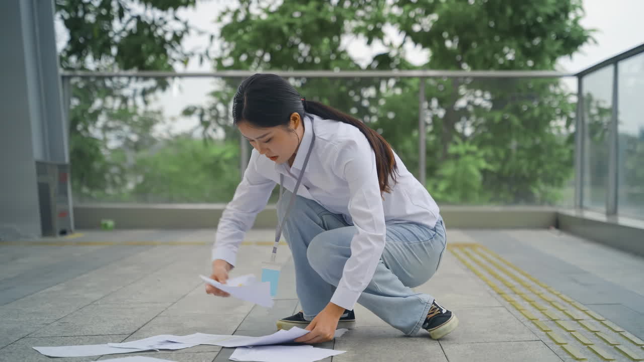 Pengusaha wanita yang gagal dan tidak bahagia menjatuhkan dokumen, wanita pekerja merapikan, memungut kertas yang jatuh. Konsep masalah pekerjaan, sindrom stres kantor, resesi ekonomi, PHK, pengangguran