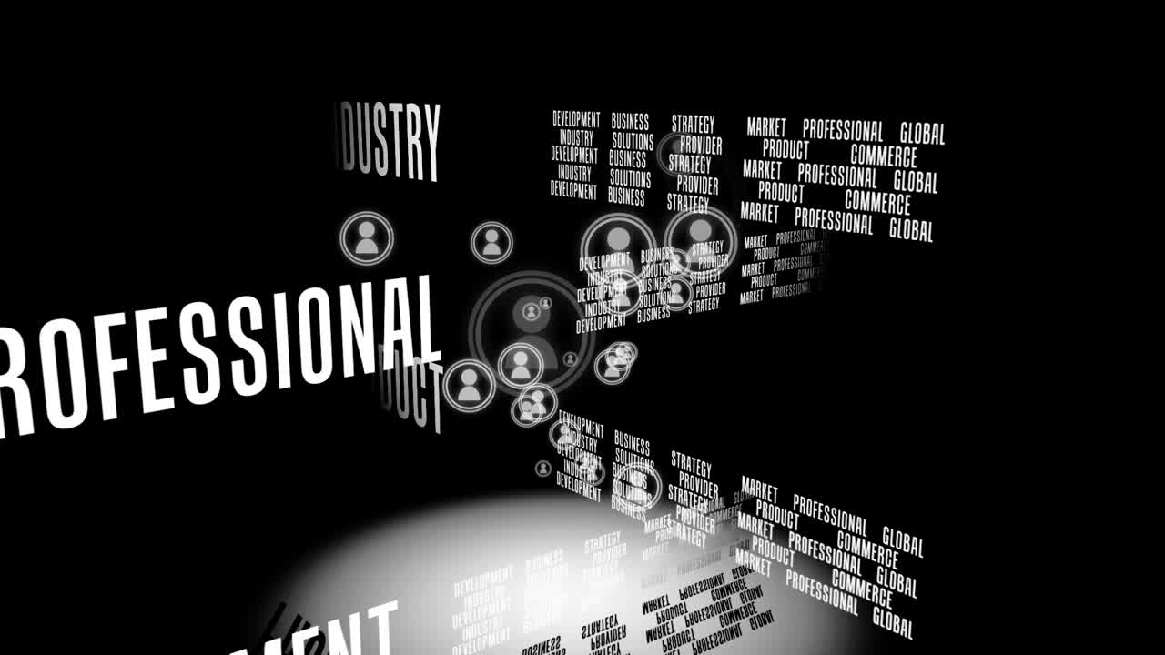 Animation of text over icons on black background