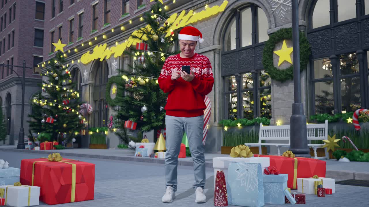 hombre usando el teléfono en la calle de navidad