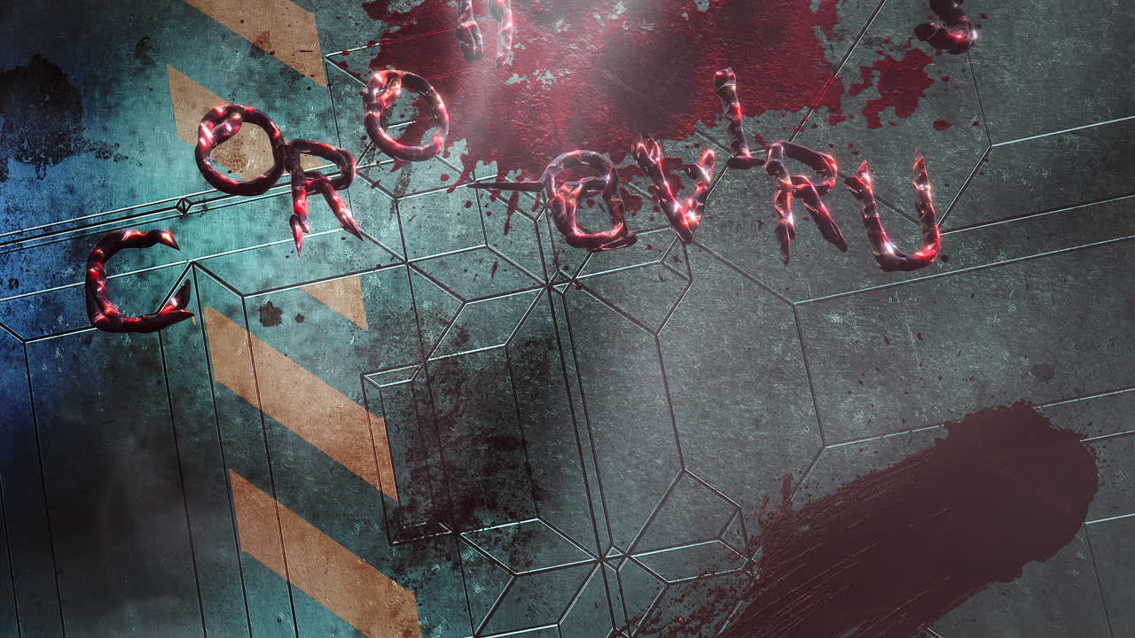 texto animado coronavirus y fondo de terror con sangre oscura en la pared 1