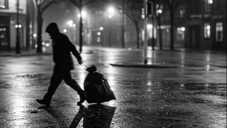 a lone figure crosses a deserted, rain-soaked street at night, silhouetted against glowing streetlights, carrying a heavy bag as reflections shimmer on the wet pavement