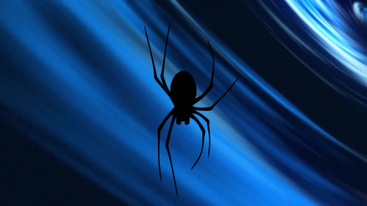 Silhouette di ragno su sfondo astratto blu e nero con elementi di animazione.