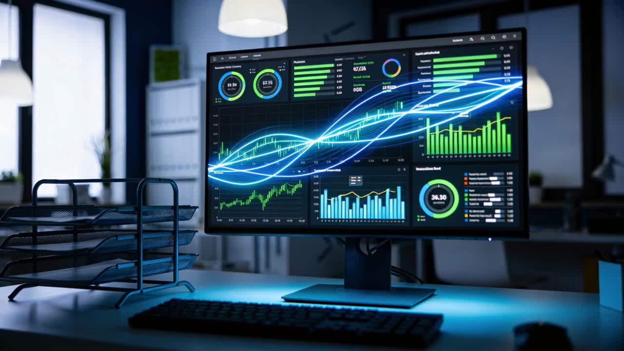 Wide monitor on desk receiving live data feed updating analytics charts, waveform, pulsing glow