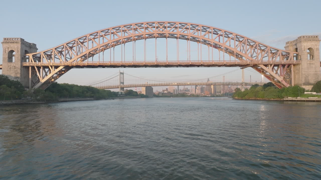 Aerial view of the Hell Gate Bridge, Shot at sunrise in New York City