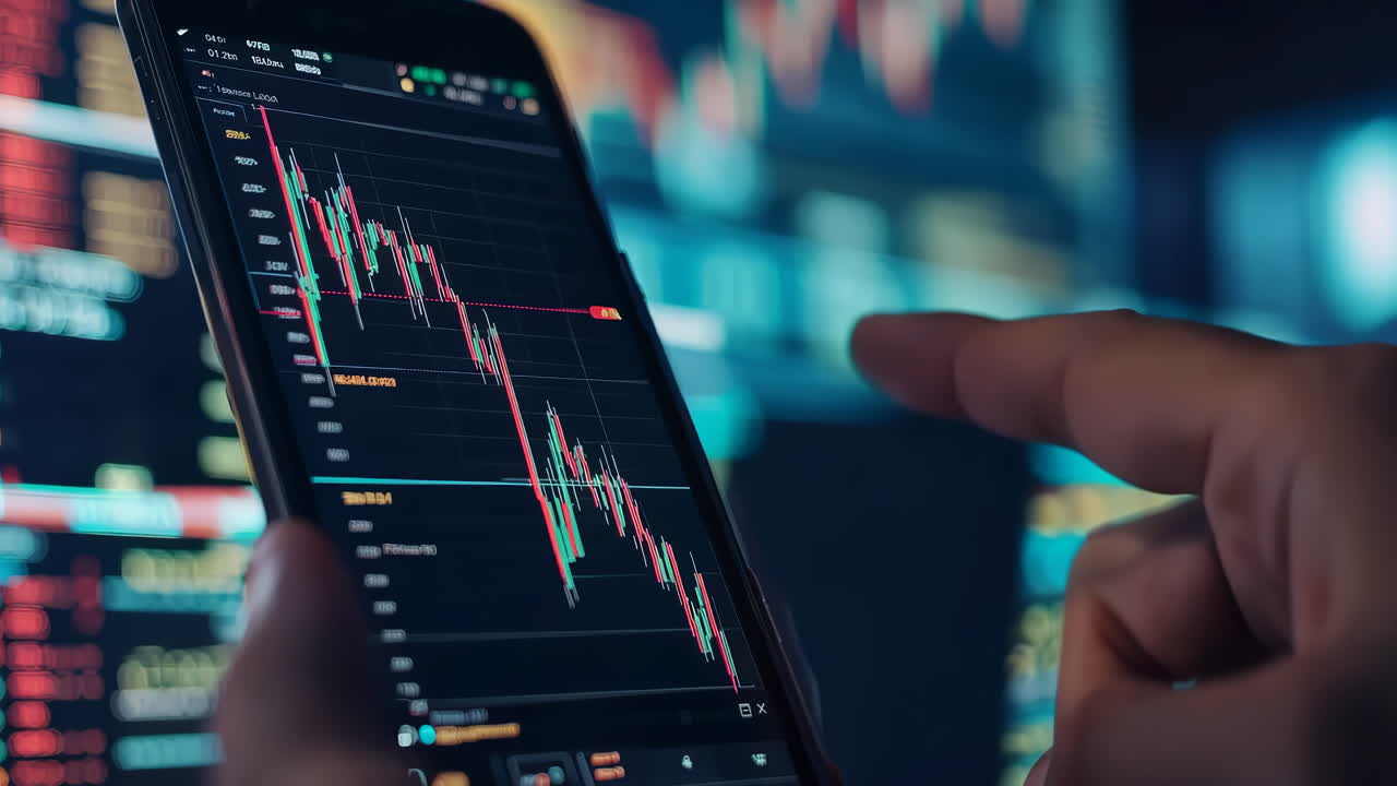 Trader Investors check financial news, stock market index updates on their tablets. Businessman finger working with Stock Market Data Graph on a smartphone. Stay informed about market trends.