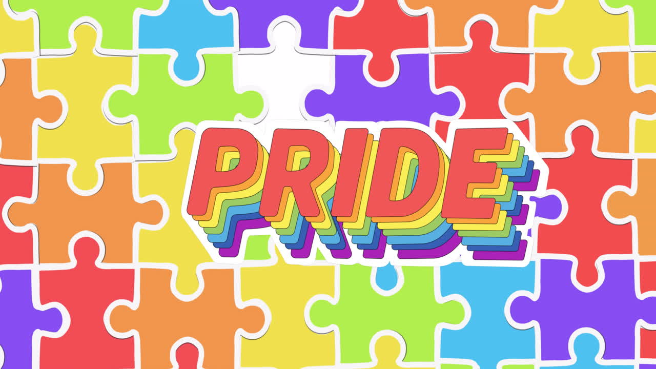 Animation of pride text over rainbow puzzle