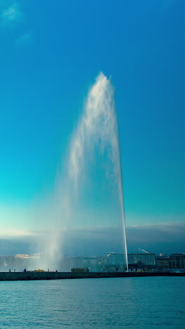 vertical: timelapse of geneva water fountain at sunset with blue sky in canton of geneva, switzerland