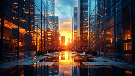 urban landscape at sunset with reflective buildings and vibrant colors