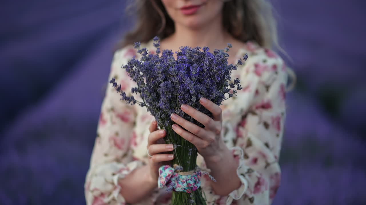 Portrait of a young woman holding and smelling a lavender bouquet in a blooming purple field